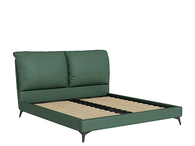 Green Double Bed With Upholstered Headboard Two Cushions Wooden Slats And Black Slim Legs 3d model