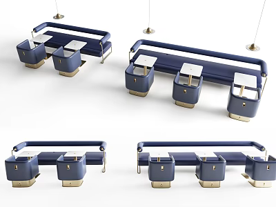 Stylish Blue Public Chairs With Metallic Legs And Small Side Tables 3d model