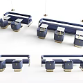 Stylish Blue Public Chairs With Metallic Legs And Small Side Tables