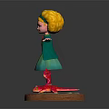 Curly Yellow Hair Girl In Green Coat And Dress With Small Red Spiked Tentacled Creature