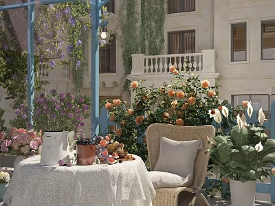 Courtyard Garden With Climbing Vines Flowering Roses Wicker Chair And Decorative Table Setup 3d model