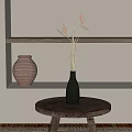 Black Woven Vase With Dried Flowers On Wooden Table And Wooden Shelf With Terracotta Pot