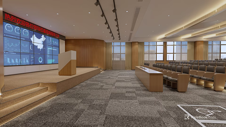 Modern Conference Room Interior With Wooden Walls Podium And Large Screen 3d model 