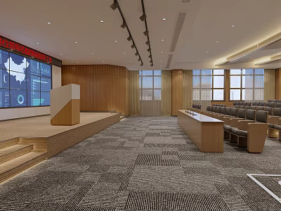Modern Conference Room Interior With Wooden Walls Podium And Large Screen 3d model