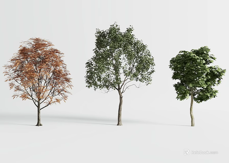 Functional Tree Pit Design Featuring Three Varied Leaf Color Trees and Natural Trunks 3d model