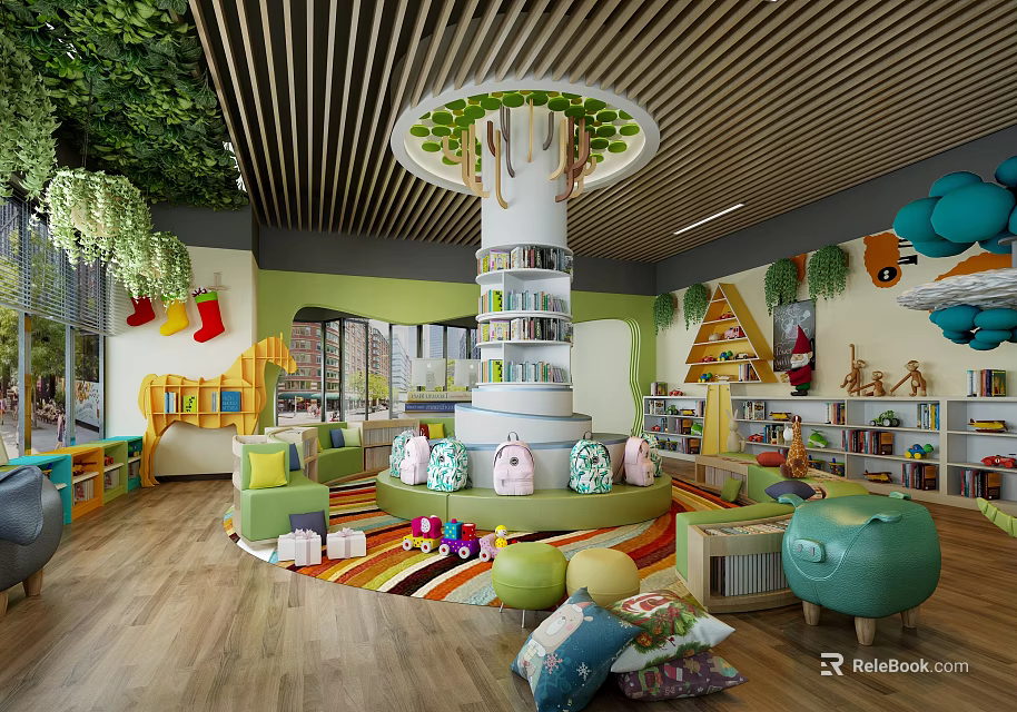 Kindergarten Indoor Play Area with Tree Shaped Bookshelf Colorful Cushions and Green Sofas 3d model 
