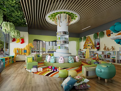 Kindergarten Indoor Play Area with Tree Shaped Bookshelf Colorful Cushions and Green Sofas 3d model
