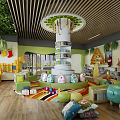 Kindergarten Indoor Play Area with Tree Shaped Bookshelf Colorful Cushions and Green Sofas
