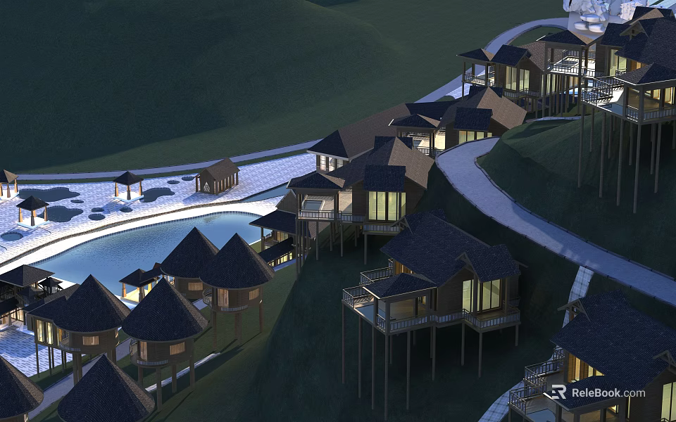 Detached Villas on Hillside with Outdoor Lighting Swimming Pool and Natural Surroundings 3d model 