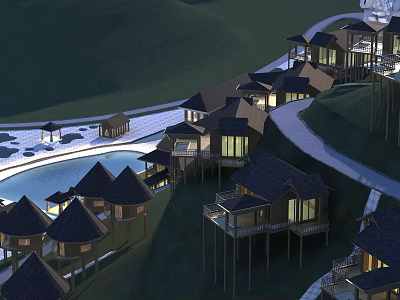 Detached Villas on Hillside with Outdoor Lighting Swimming Pool and Natural Surroundings 3d model