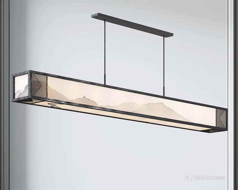 Modern Rectangular Chandelier With Black Metal Frame And Mountain Pattern Shade 3d model