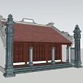 Traditional Ancient Architecture With Red Tile Roof Stone Pillars And Wooden Doors