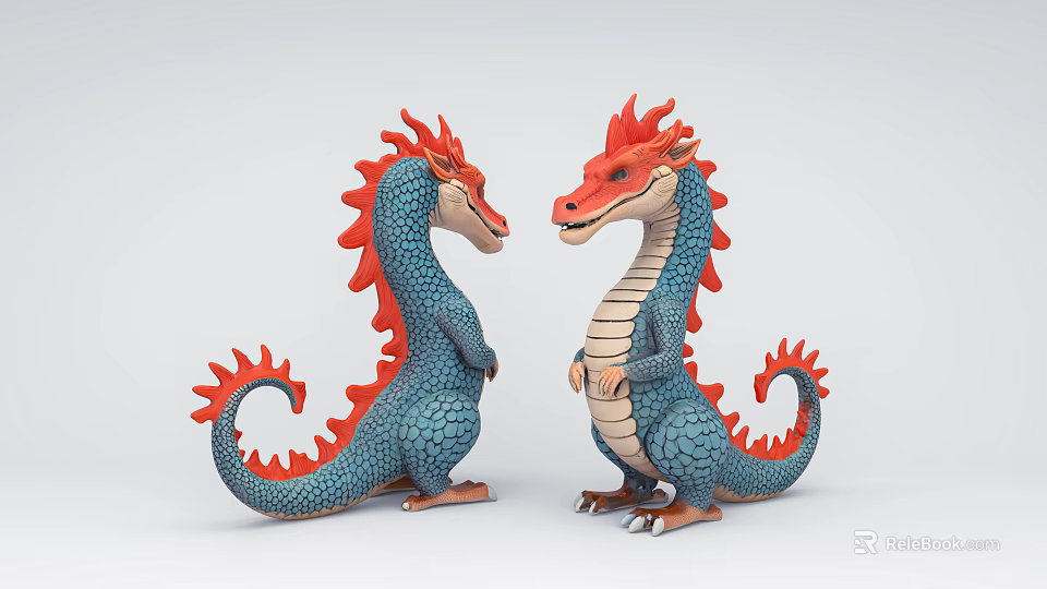 Cute Cartoon Dragon Figures With Blue Scaly Bodies And Red Manes Standing Facing Each Other 3d model 