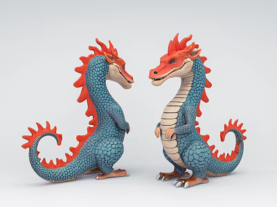 Cute Cartoon Dragon Figures With Blue Scaly Bodies And Red Manes Standing Facing Each Other 3d model