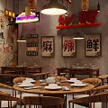 Traditional Chinese Style Hotpot Restaurant with Red Lanterns Wooden Tables and Wall Decorations