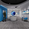 Modern Office Reception Desk With White Counter Blue Accent Wall And Logo