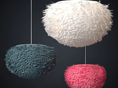 Modern Spherical Chandeliers With Textured Feather Like Design In White Dark Blue Pink 3d model