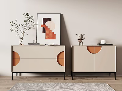 Elegant Entryway Hallway With Beige Cabinets Orange Circular Accents Green Plants And Geometric Art Painting 3d model