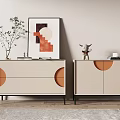 Elegant Entryway Hallway With Beige Cabinets Orange Circular Accents Green Plants And Geometric Art Painting