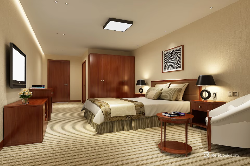 Hotel Room Interior With Bed Wooden Nightstand Table Lamps TV Desk Wardrobe And Decorative Painting 3d model 