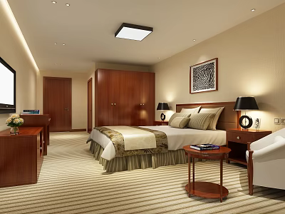 Hotel Room Interior With Bed Wooden Nightstand Table Lamps TV Desk Wardrobe And Decorative Painting 3d model