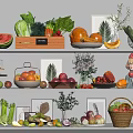Assorted Fresh Fruits Including Watermelon Apples Oranges Bananas On Wooden Shelves With Baskets