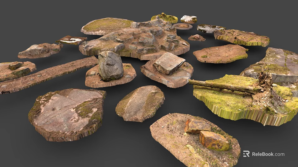 Wood and Stone Natural Materials Featuring Moss Covered Surfaces and Various Shapes 3d model 