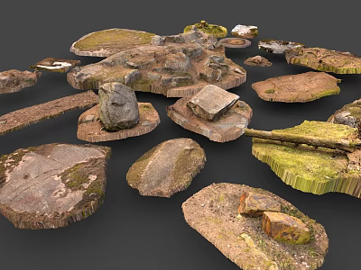 Wood and Stone Natural Materials Featuring Moss Covered Surfaces and Various Shapes 3d model