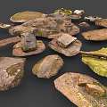 Wood and Stone Natural Materials Featuring Moss Covered Surfaces and Various Shapes
