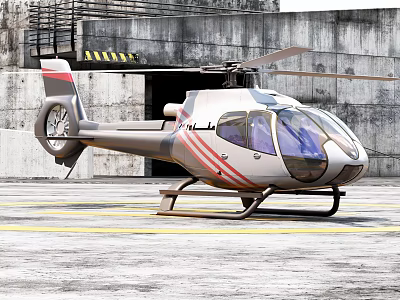 White Red Stripe Helicopter Parked Outside Concrete Hangar With Yellow Ground Lines 3d model