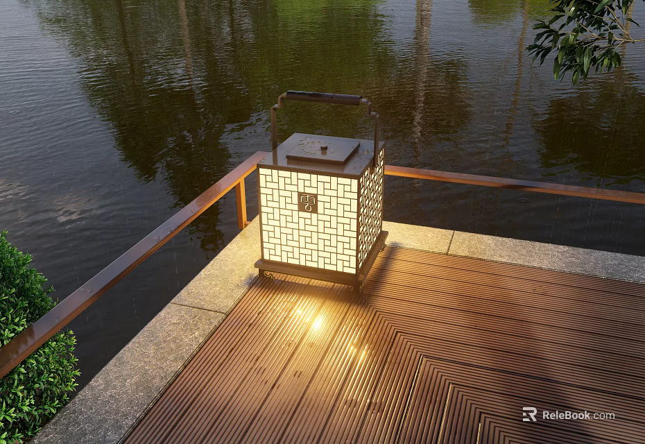 Outdoor Lantern With Square Lattice Design Illuminating Wooden Deck By Water 3d model 