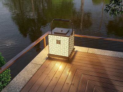 Outdoor Lantern With Square Lattice Design Illuminating Wooden Deck By Water 3d model