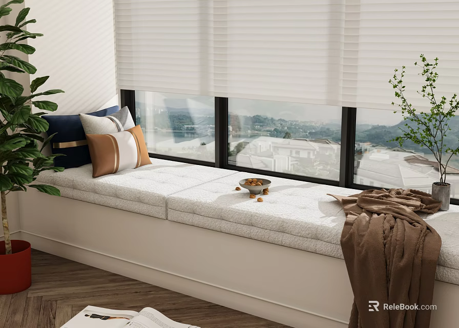 Cozy Bay Window With Soft Cushions Pillows White Blinds And Scenic Mountain View 3d model 