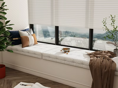 Cozy Bay Window With Soft Cushions Pillows White Blinds And Scenic Mountain View 3d model