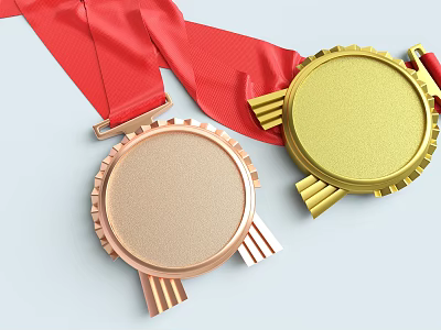 Gold and Bronze Metallic Medals with Red Ribbons Decorative Edges and Winged Details 3d model