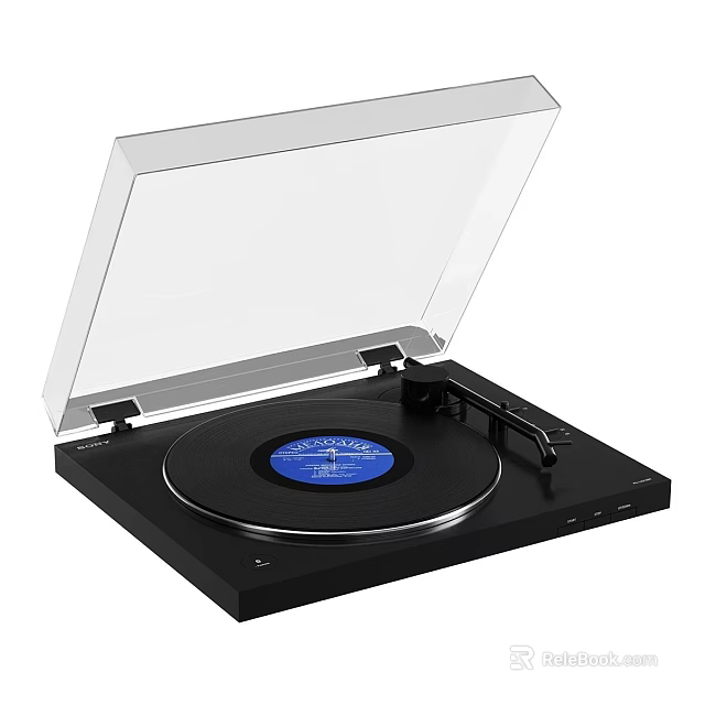 Modern Black Vinyl Record Player With Transparent Cover Blue Record Stylus Arm On Turntable 3d model 