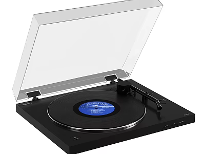Modern Black Vinyl Record Player With Transparent Cover Blue Record Stylus Arm On Turntable 3d model