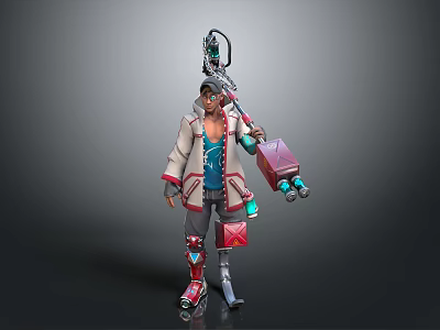 Sci Fi Character With Mechanical Creature Partner And Cybernetic Backpack Holding Weapon 3d model