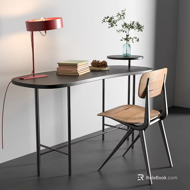 Modern Desk With Red Table Lamp Stack Of Books Pine Cones And Wooden Chair 3d model 