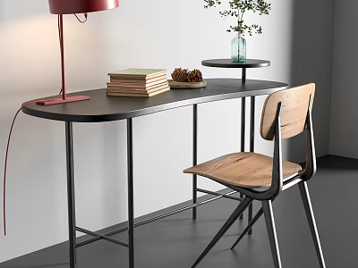 Modern Desk With Red Table Lamp Stack Of Books Pine Cones And Wooden Chair 3d model