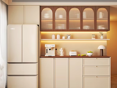 Modern Cream Sideboard With Upper Glass Arched Cabinets Countertop Appliances And Warm Lighting 3d model
