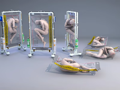 Multiple People Secured in Transparent Medical Frames and Transport Stretchers 3d model
