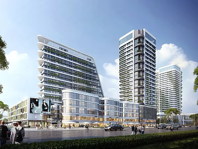 Bustling Modern Commercial Street With High Rise Buildings Glass Facades Pedestrians And Cars 3d model