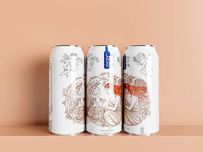 Three Aligned White Beverage Cans With Hand Drawn Mythical Illustrations 3d model