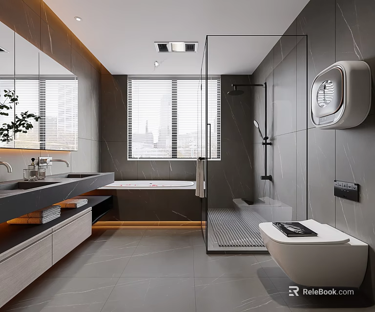 Modern Gray Bathroom Interior With Glass Shower Bathtub Vanity And WallMounted Toilet 3d model 