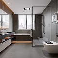 Modern Gray Bathroom Interior With Glass Shower Bathtub Vanity And WallMounted Toilet
