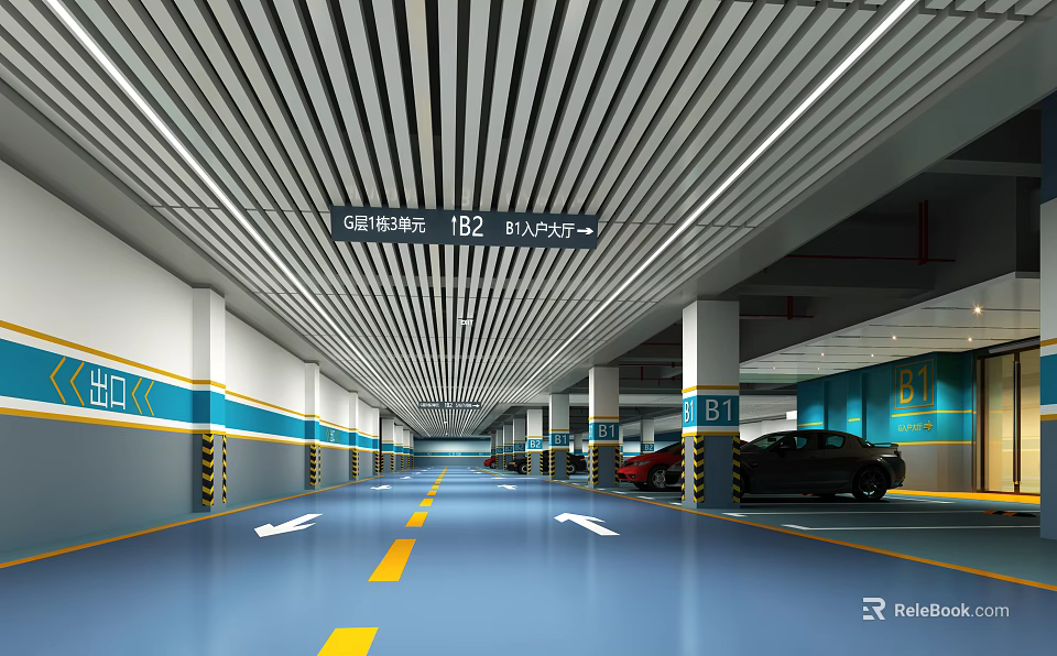 Modern Parking Garage Interior With Blue Floor Yellow Arrows White Pillars And Direction Signs 3d model 