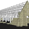 Church Like Building Structure With Stone Walls Arched Entrance And Metal Frame Roof