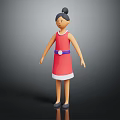 3D Female Character Model Wearing Red Dress With White Hem Blue Belt And Black Bun Hairstyle