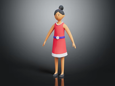 3D Female Character Model Wearing Red Dress With White Hem Blue Belt And Black Bun Hairstyle 3d model